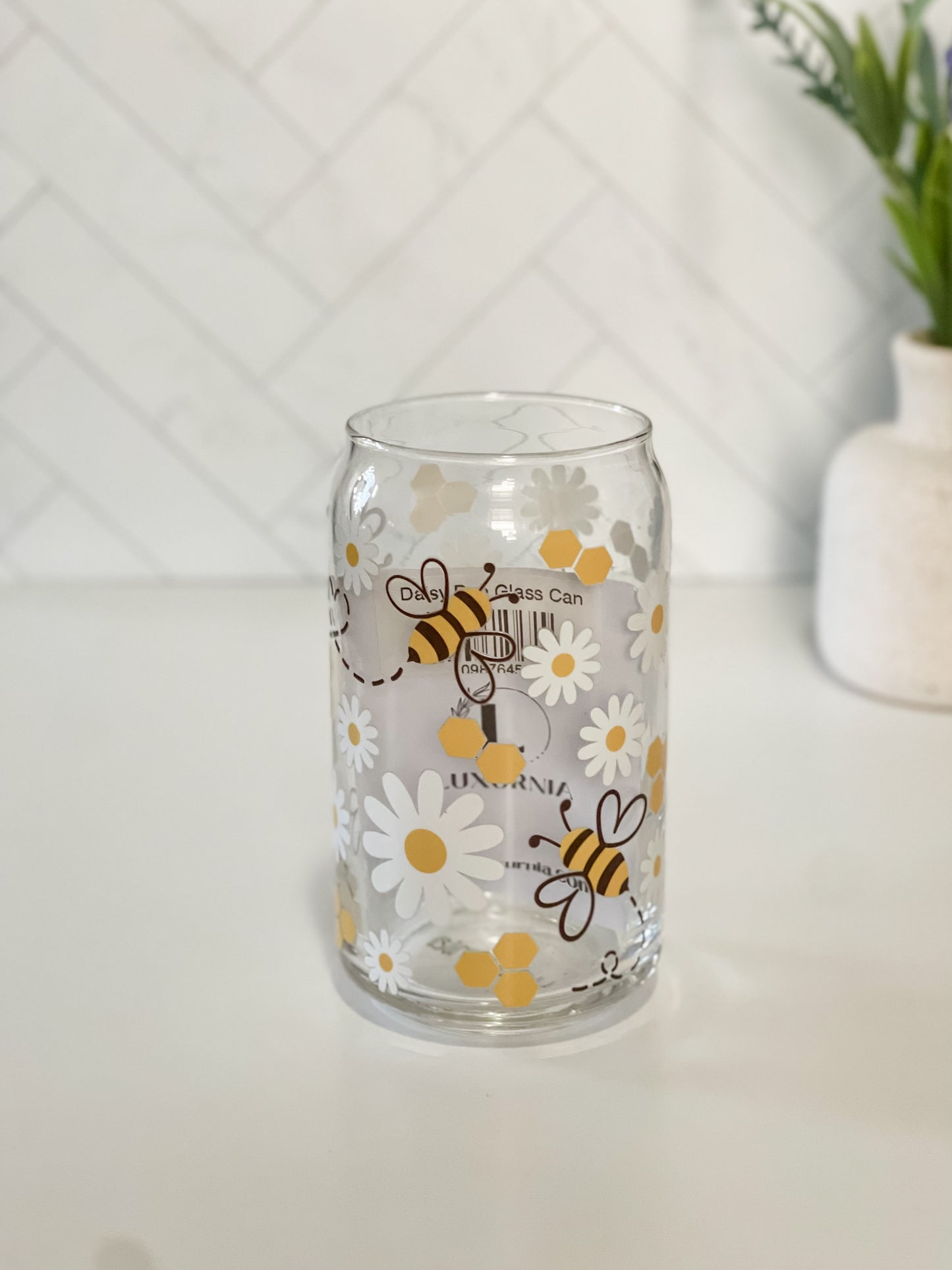 Daisy Bee Glass Cup, Lid & Straw