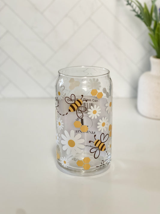 Daisy Bee Glass Cup, Lid & Straw