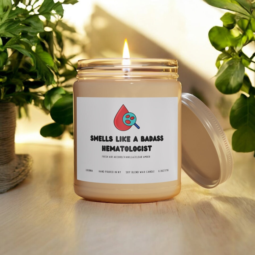 Smells like a bad hematologist candle soy wax front view