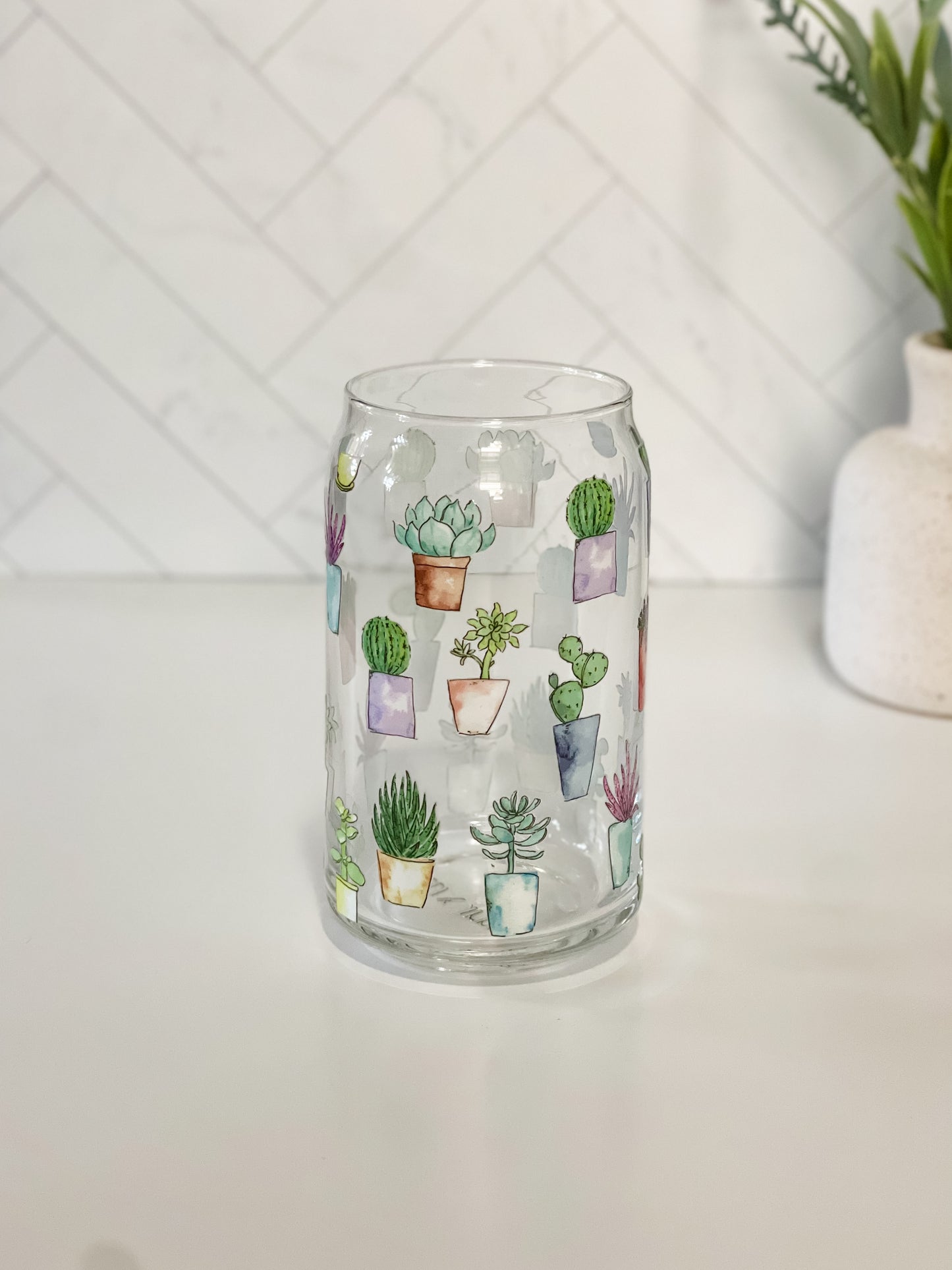 Pot Plants Glass Cup, Lid & Straw