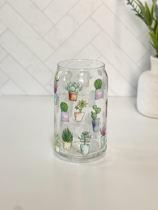 Pot Plants Glass Cup, Lid & Straw
