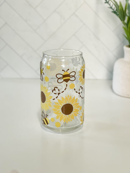 Sunflower Bee Glass Cup, Lid & Straw