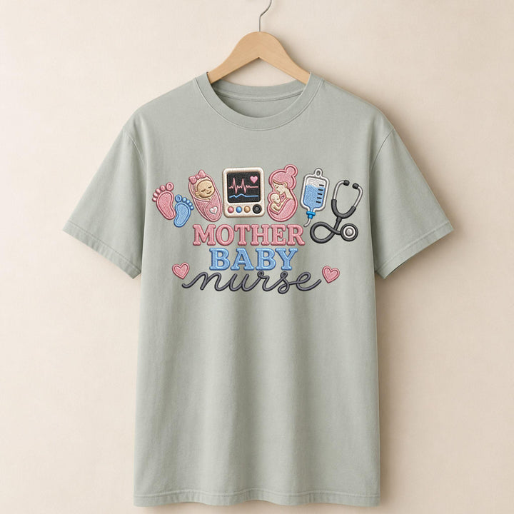 Mother Baby Faux Yarn Embroidered T-shirt