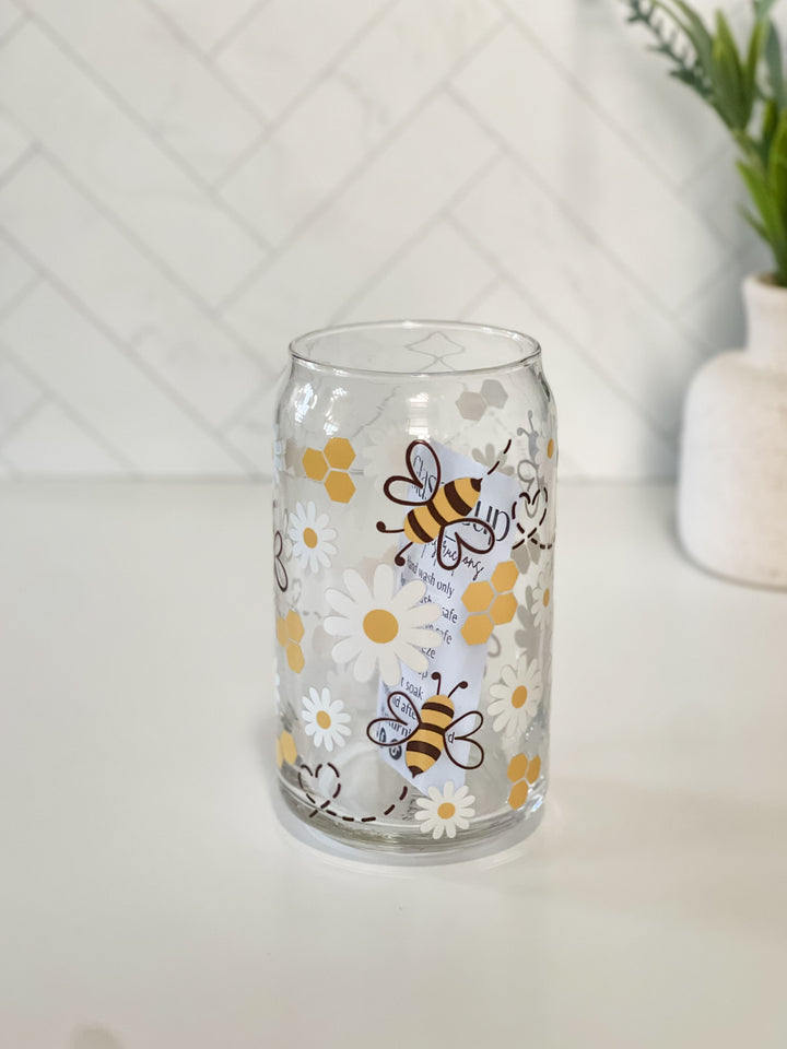 Daisy Bee Glass Cup, Lid & Straw