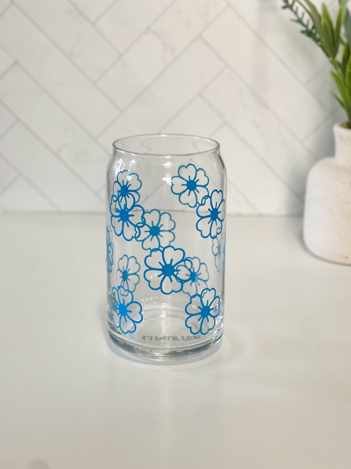 Flower Glass Cup, Lid & Straw