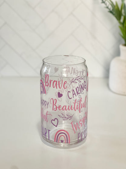 Affirmation Rainbow Glass Cup, Lid & Straw